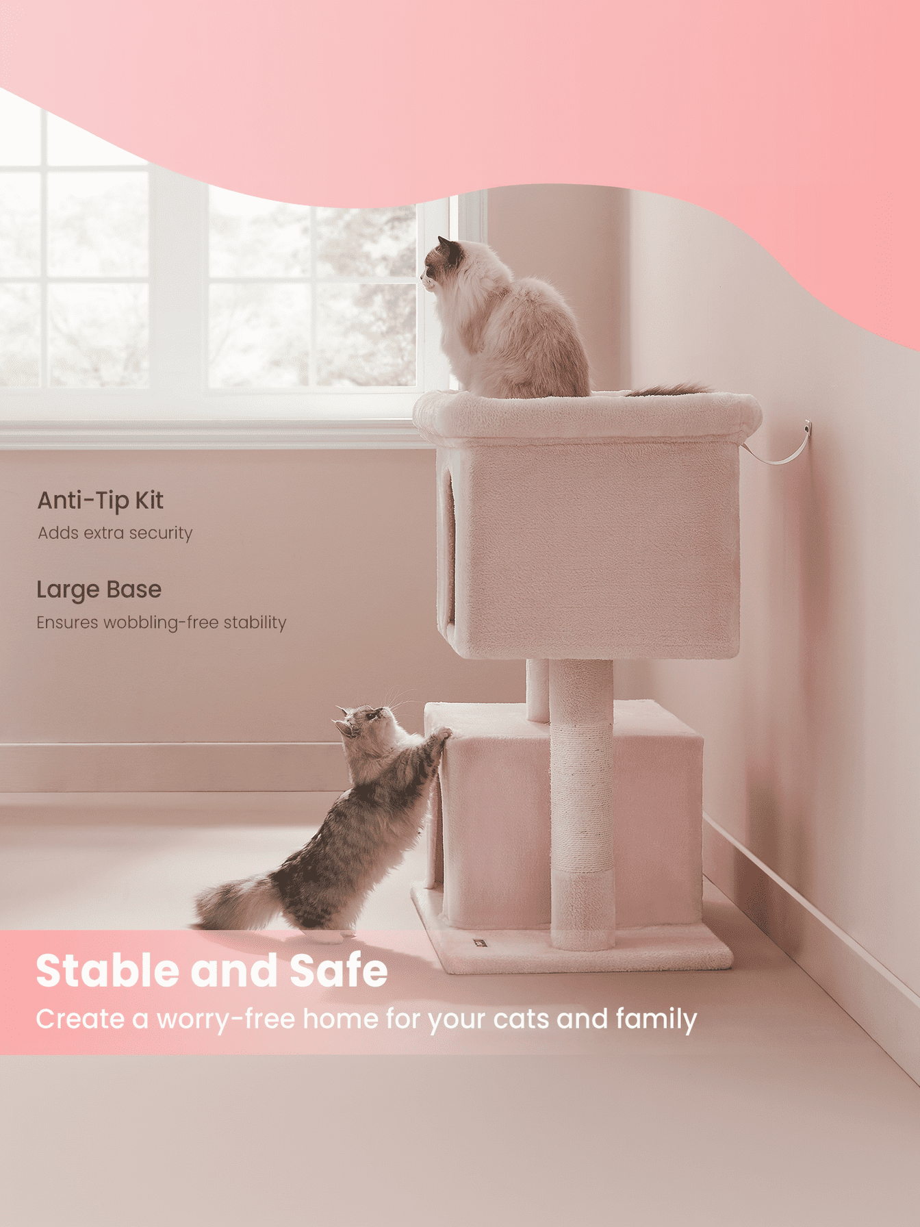 LEDREM 40.6-Inch Cat Tree Tower for Extra Large Cats up to 44 lb, Plush Condo with Large Perch & 2 Caves, Scratching Posts, Jelly Pink