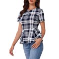 thumbnail image 4 of INSPIRE CHIC Women's Plaid Peplum Top Short Sleeve Business Casual Ruffle Hem Blouse S Navy Blue, 4 of 5