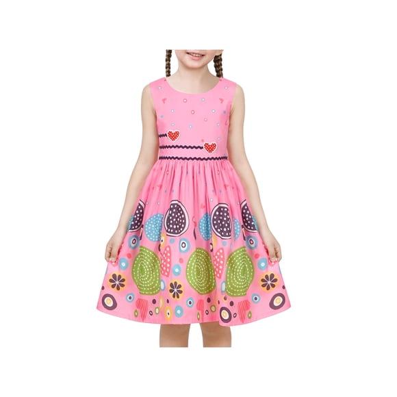 Vestido de Niña Rosa Dibujo Animado Flor Círculo Punto Corazón Colorido Primavera Verano 9-10 Años