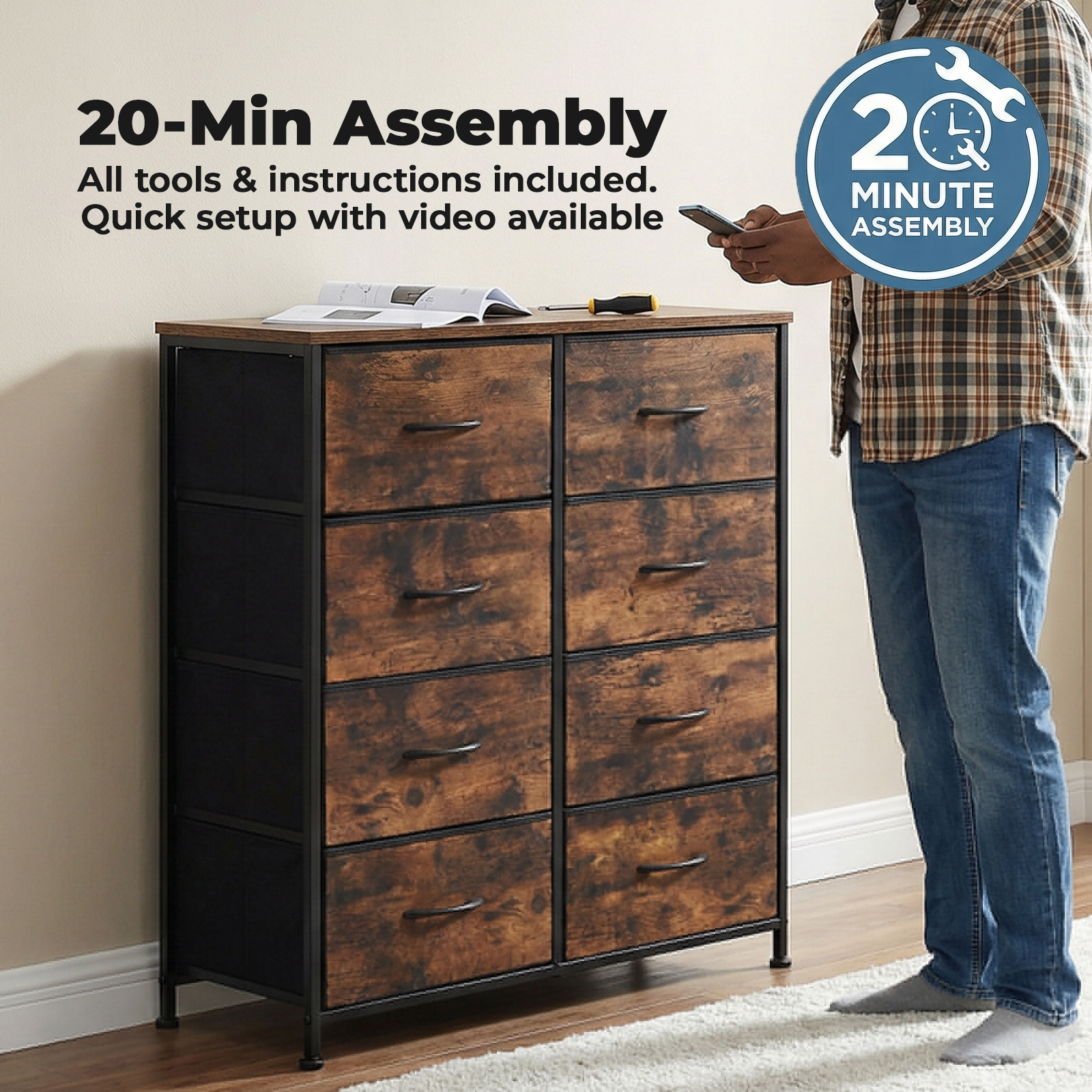 Alvantor Tall Fabric Storage Tower with Wooden Top for Bedroom and Closet
