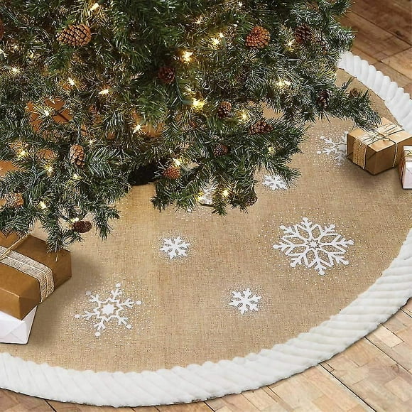 Christmas Tree Skirt 48inch, White Snowflake Fur Burlap Tree Skirt For Xmas Decor Festive