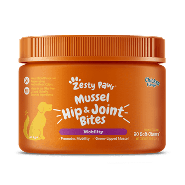 Zesty Paws Mussel Hip & Joint Bites for Dogs, Functional Dog Supplement Promotes Mobility and Flexibility, Chicken Flavor, 90ct