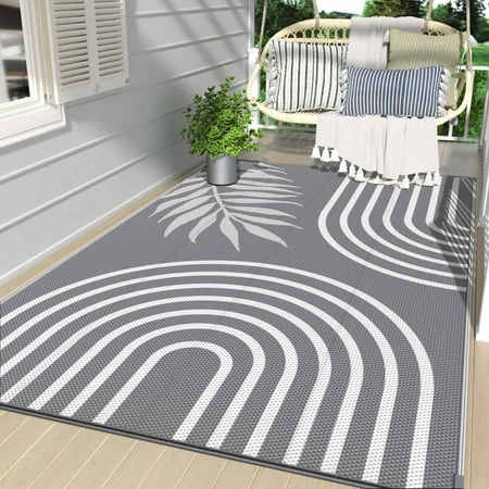 DEORAB Outdoor Rugs for Patio Clearance  Waterproof Outside Plastic Mat  Rv  Camper grey&white 5 x8