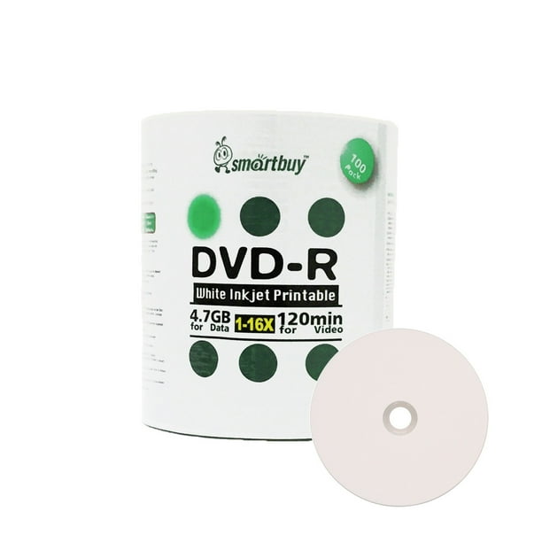 100 Pack Smartbuy 16x Dvd R 4 7gb 1min White Inkjet Hub Printable Data Blank Media Recordable Disc Walmart Com Walmart Com