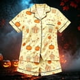 thumbnail image 2 of Afdoent Girls Pajamas Set Halloween Pumpkin Print Sleepwear Short Sleeve Lapel Top And Shorts Comfy Pajamas Set Casual Loungewear Comfortable Kids Holiday Sleepwear 3-4 Years, 2 of 4