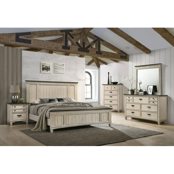 Estella Cream/Brown Panel Bedroom Set Special King 5 Piece: Bed, Dresser, Mirror, NightStand, Chest