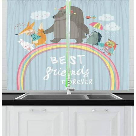 Kids Girls Curtains 2 Panels Set, Best Friends Forever Quote with Happy Animals Walking on Rainbow Bear Fox Rabbit, Window Drapes for Living Room Bedroom, 55W X 39L Inches, Multicolor, by