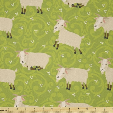 Goat Fabric by The Yard, Cattle Characters Sleeping and Running on Ornamental Background, Microfiber Fabric for Arts and Crafts Textiles & Decor, 1 Yard, Yellow Green, by Ambesonne