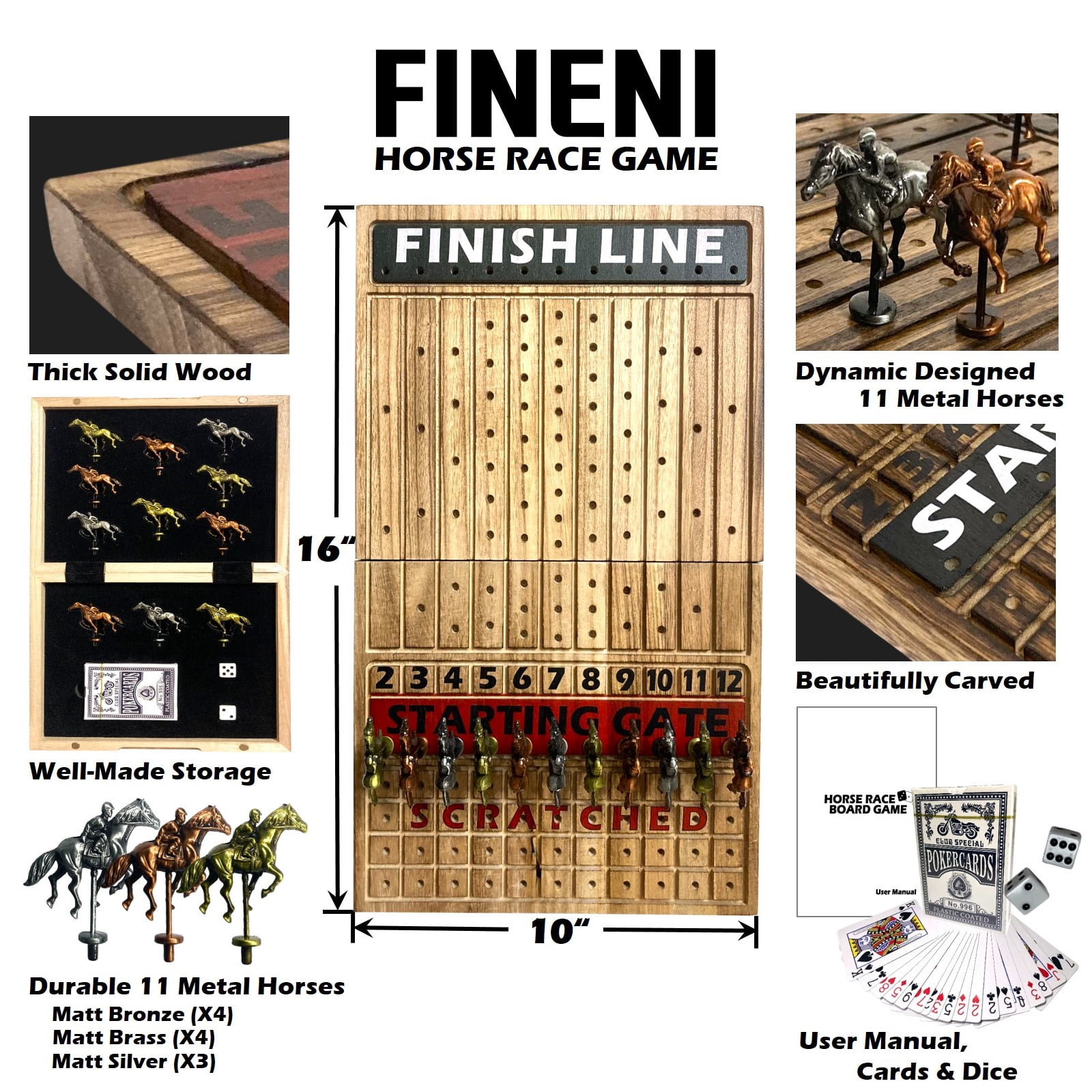 FINENI Horse Racing Game for Adults, Horse Race Board Game with 11 Antique Matt Metal Horses(Bronze, Brass, Silver), 19” Foldable Wood Horse Race Game Board, Dice & Card Included