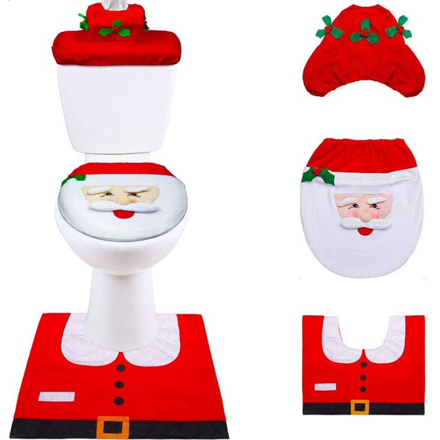 Cubierta de asiento de inodoro de Navidad Decoración navideña Diseño de Papá Noel Juego de asiento de inodoro de 4 piezas con cubierta de asiento y tapete y tela y funda de cojín de asiento de inodoro JFHHH pequeña