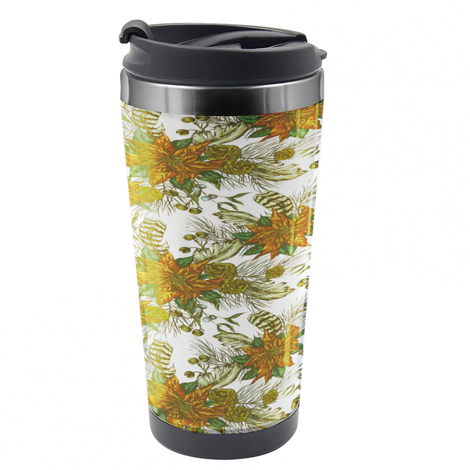 Vintage Travel Mug, Nostalgic Flower Pine Cones, Steel Thermal Cup, 16