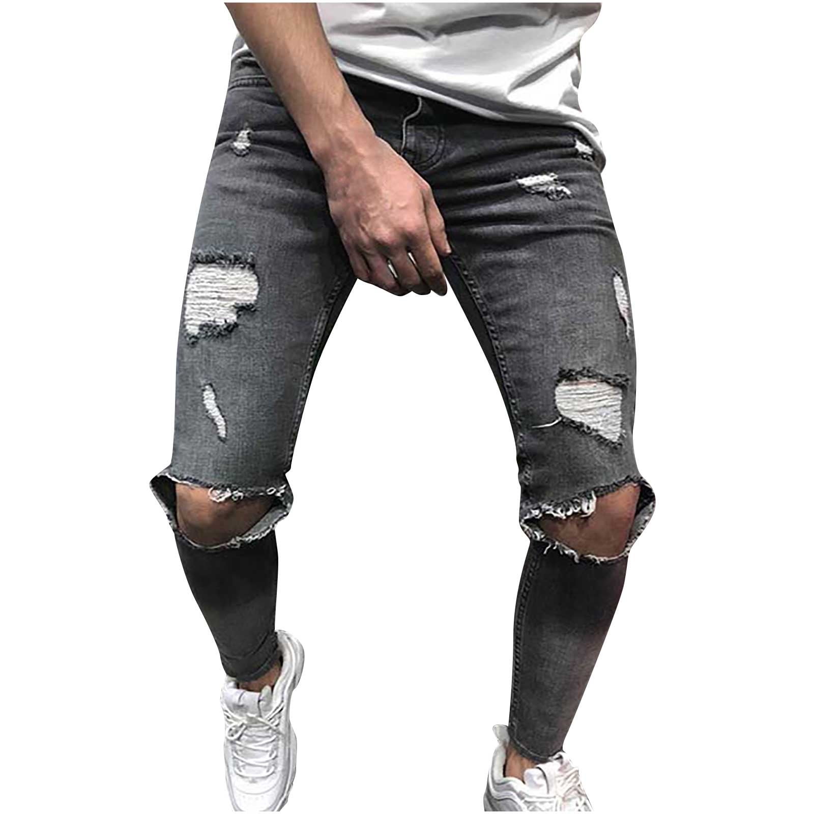 RQYYD Men's Plus Size Ripped Destroyed Jeans Stretchy Knee Holes Slim ...
