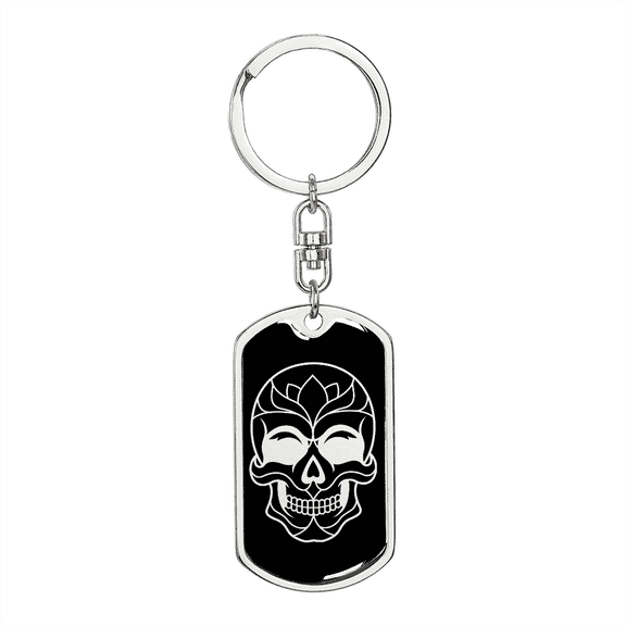 Calavera Mexican Sugar Skull 21 Stainless Steel or 18k Gold Premium Swivel Dog Tag Keychain