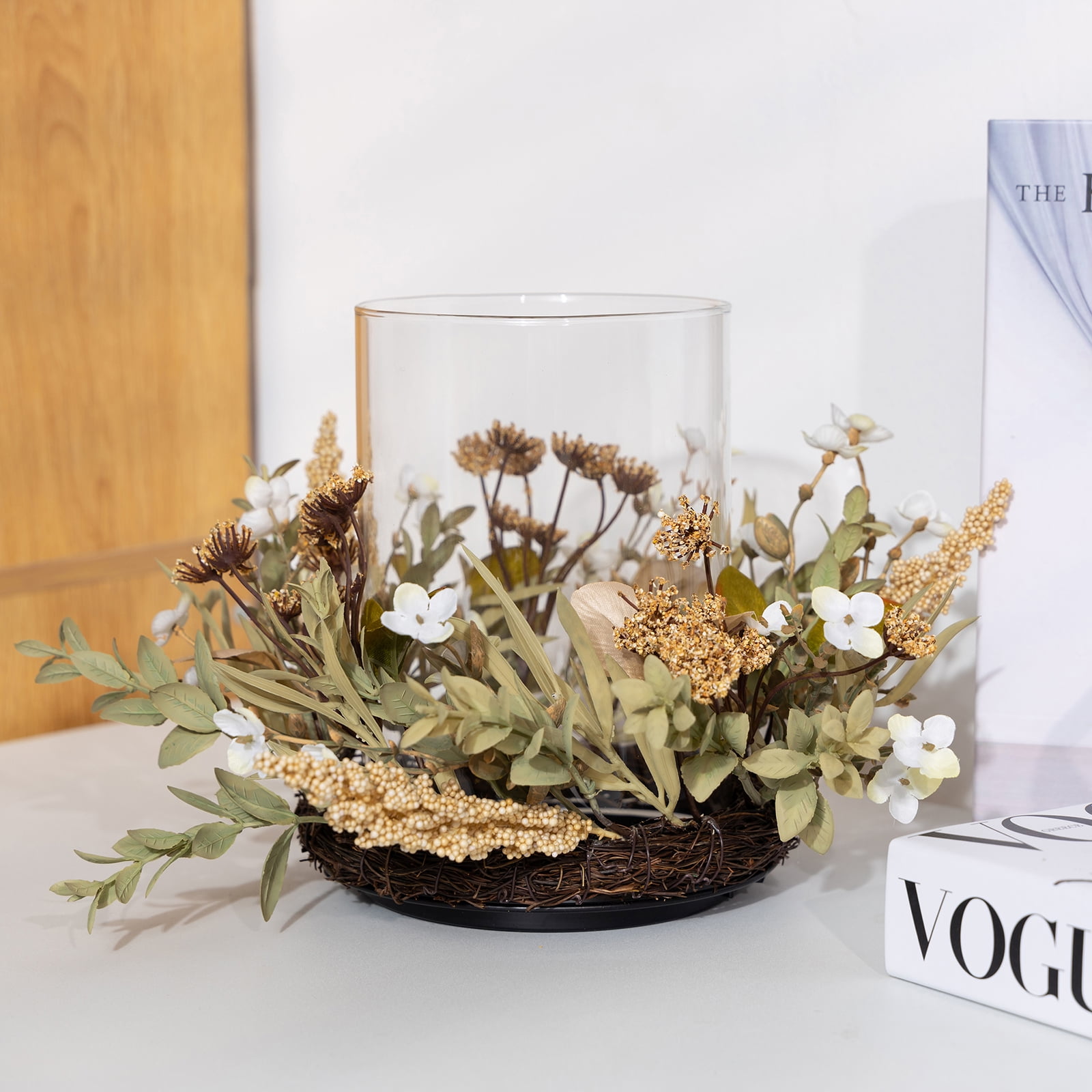 (2 pack) Mainstays Indoor Decorative Hurricane Pillar Candle Holder with Faux Florals, 8 Inch