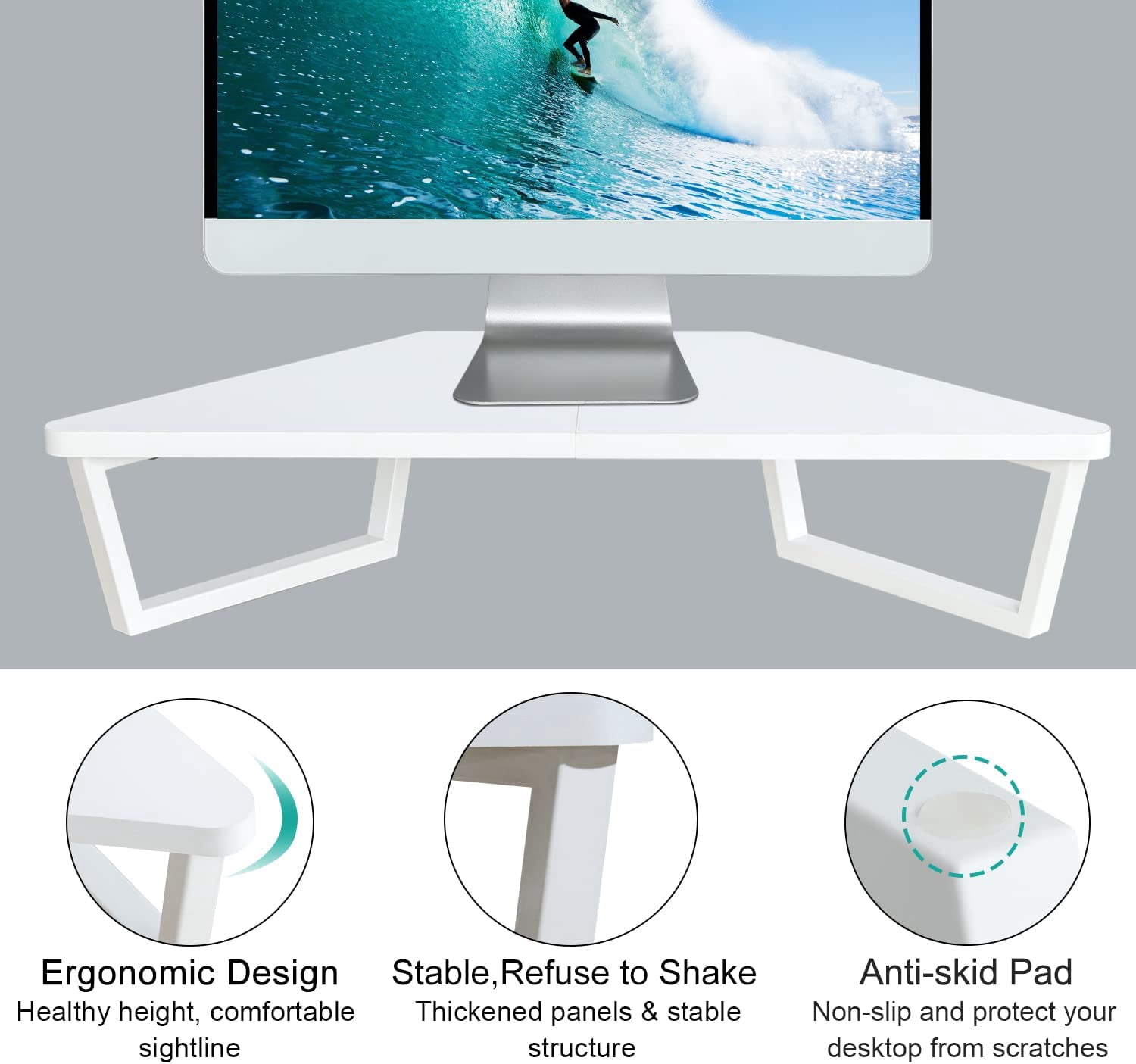 26 inch White Triangle Monitor Stand Riser, Desktop Corner Shelf with Metal Leg Wood Computer Stand with Storage Laptop Riser Office Organization