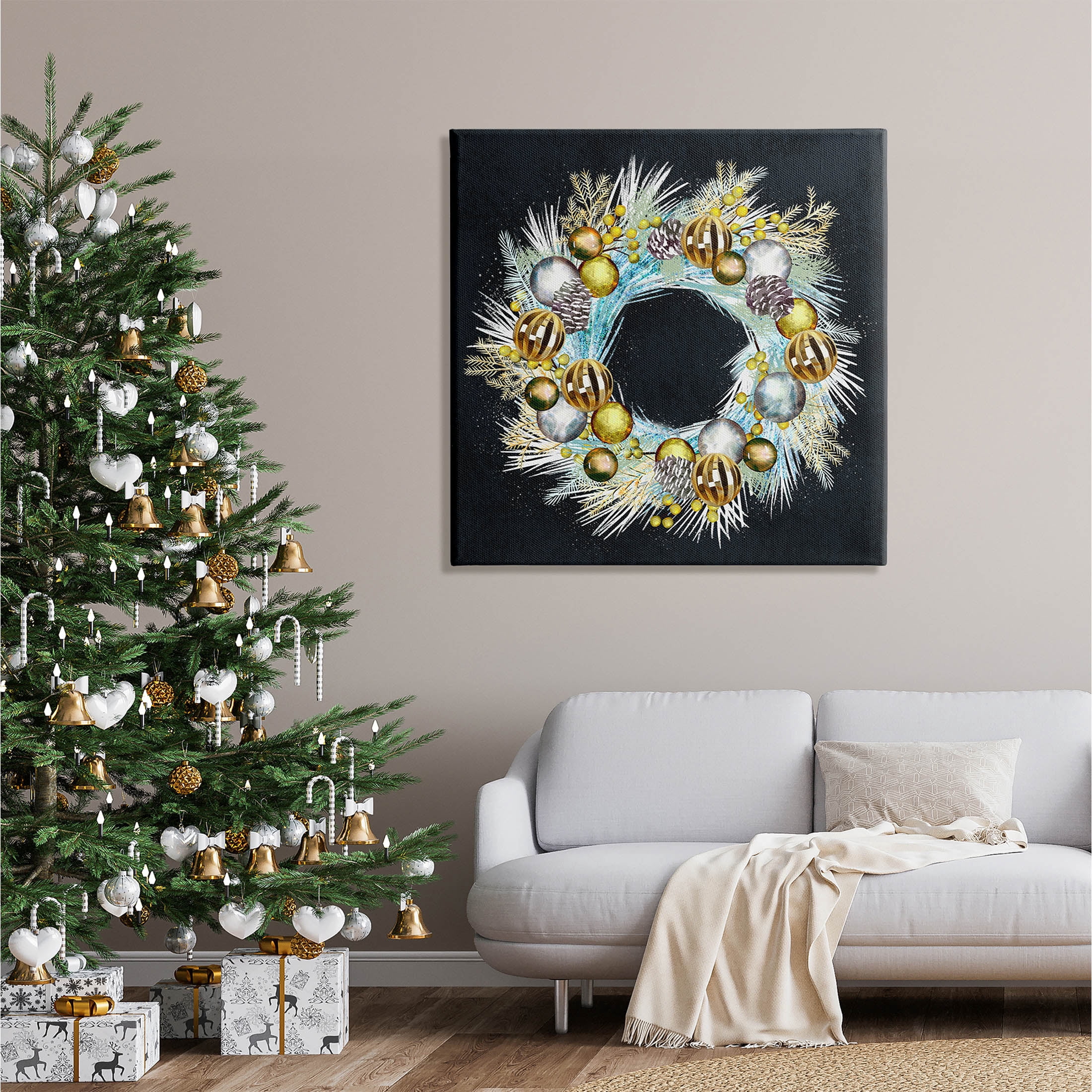 Gleaming Seasonal Pine Wreath Holiday Graphic Art Gallery Wrapped Canvas Print Wall Art
