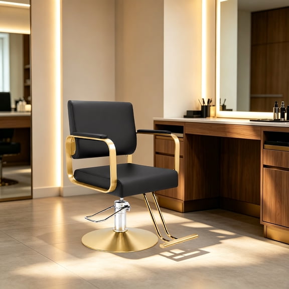 Adjustable Salon Chair, 360° Rotatable, PU Carbon Steel, 440Lbs Load Capacity, Gold Black, For Barber Shop Beauty Salon Spa