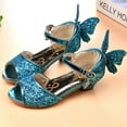 thumbnail image 4 of Xfvqtps New Kids Girls Dress Shoes Chunky Low Heels Ankle Buckle Peep Toe Sequins Butterfly Rhinestone Star Moon Pendant Glitter Ballet Performance Wedding Party Mary Jane Princess Shoes Blue, 4 of 9