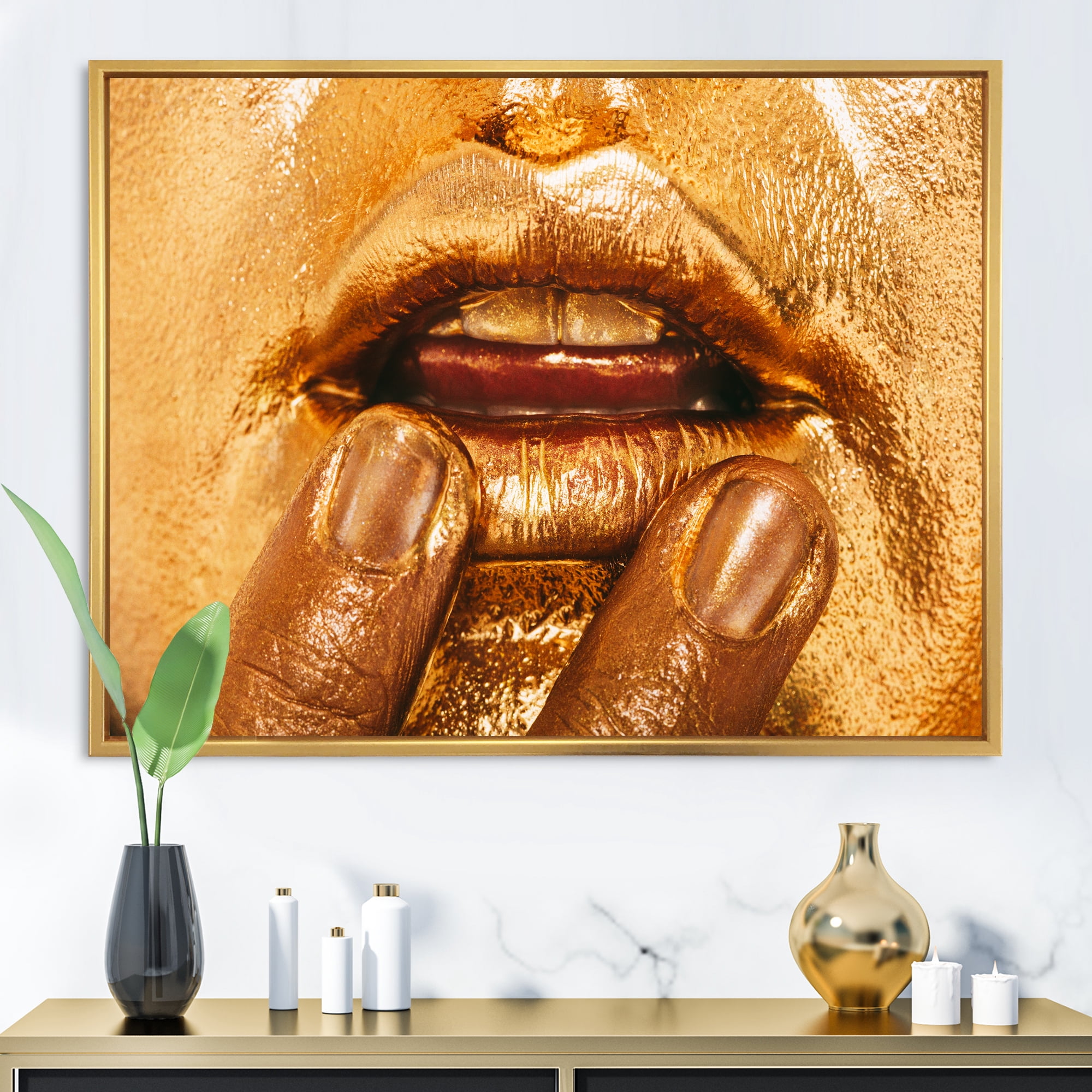 Close Up Of Female Lips With Bright Golden Makeup i 40 in x 30 in Framed Painting Canvas Art Print, by Designart