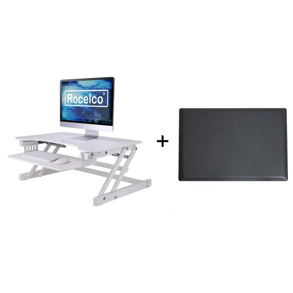 Rocelco Convertisseur de bureau debout réglable en hauteur de 32 "avec tapis anti-fatigue BUNDLE - Assise debout pour double moniteur - Poste de travail informatique - Grand plateau de clavier rétract