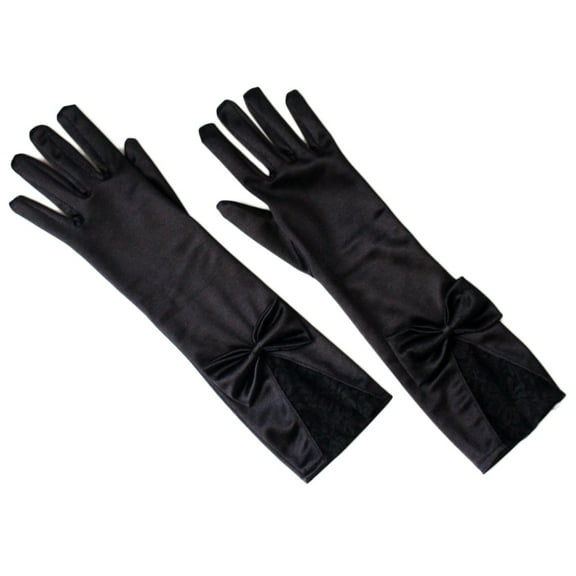 Lady Black Satin Long Gloves Lace Trim Bowknot Opera Prom Dance Party Mittens