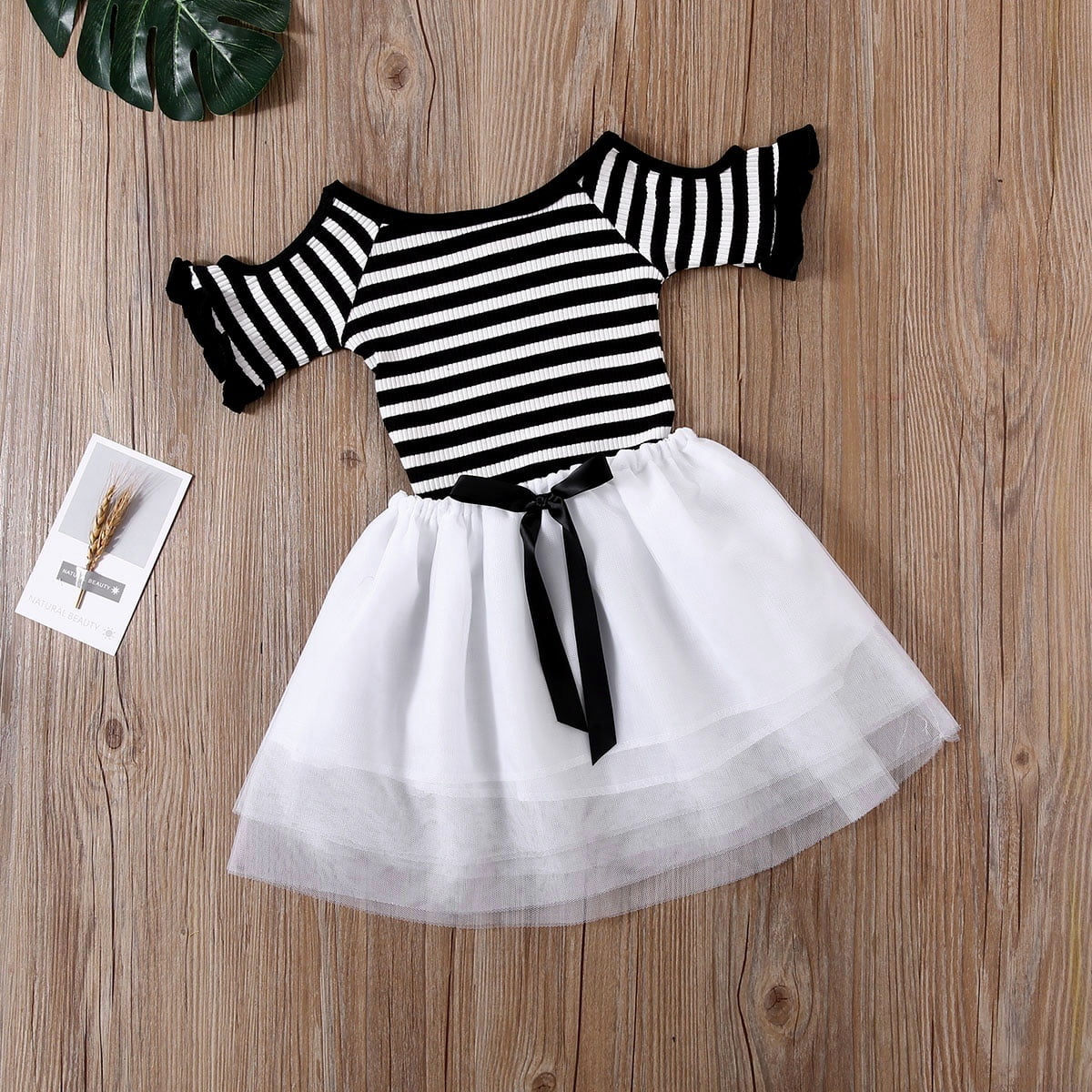 2pcs Baby Girl Kid Ruffled Sleeve Striped T-Shirt+Tulle Tutu Bow Skirt Set Outfits Clothes 