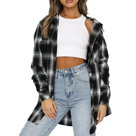 

Women Spring And Autumn Plaid Plaid Jacket Cardigan Single Single Side Pocket Shirt Skyline Cotton Sleep Shirt