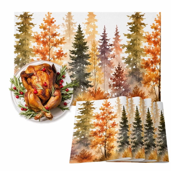 Fall Forest Cotton Linen Placemats Set of 4, Country Rustic Watercolor Orange Green Pine Trees Leaf Washable Table Place Mats Heat Insulating Placemat for Dining Room Kitchen Daily Use 13 x 19 Inch