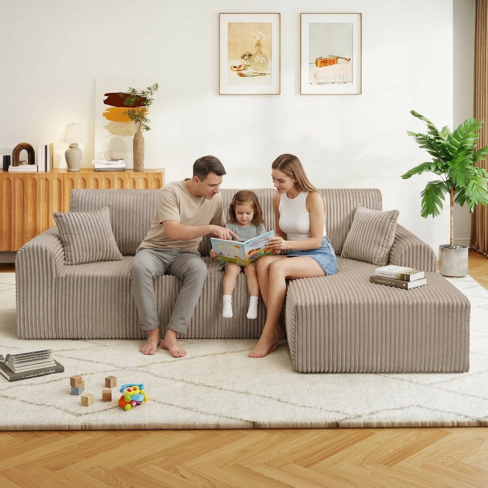 Aukfa 109" Modular Cloud Sectional Sofa with L-Shape Chaise, Corduroy Upholstered Deep Seat Couch, Right Facing Chaise, No Assembly Boneless Sofa for Living Room/Bedroom/Apartment, Camel