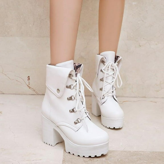 BONIXOOM Winter Boots For Women Mid Heel Rubber Lace-Up Mid-Calf Winter White