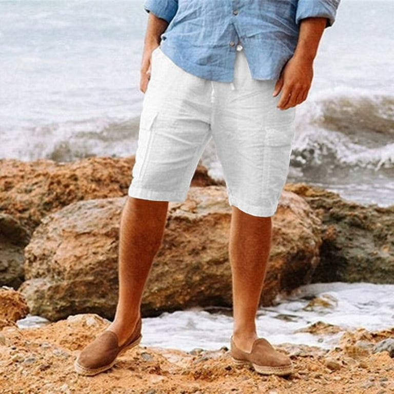 Linen Pants Mens Spring Summer Leisure Vacation Party Beach Hawaii Solid  Color Cotton Linen Multi Pocket Cargo Shorts Cotton Linen White