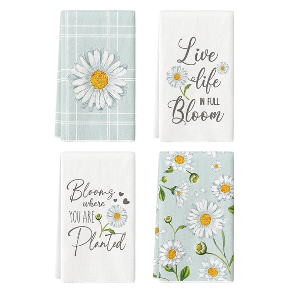 Sm:)e Live Life in the Full Bloom Floral Daisy Spring Kitchen Dish Towels 18x26 Inch Set of 4