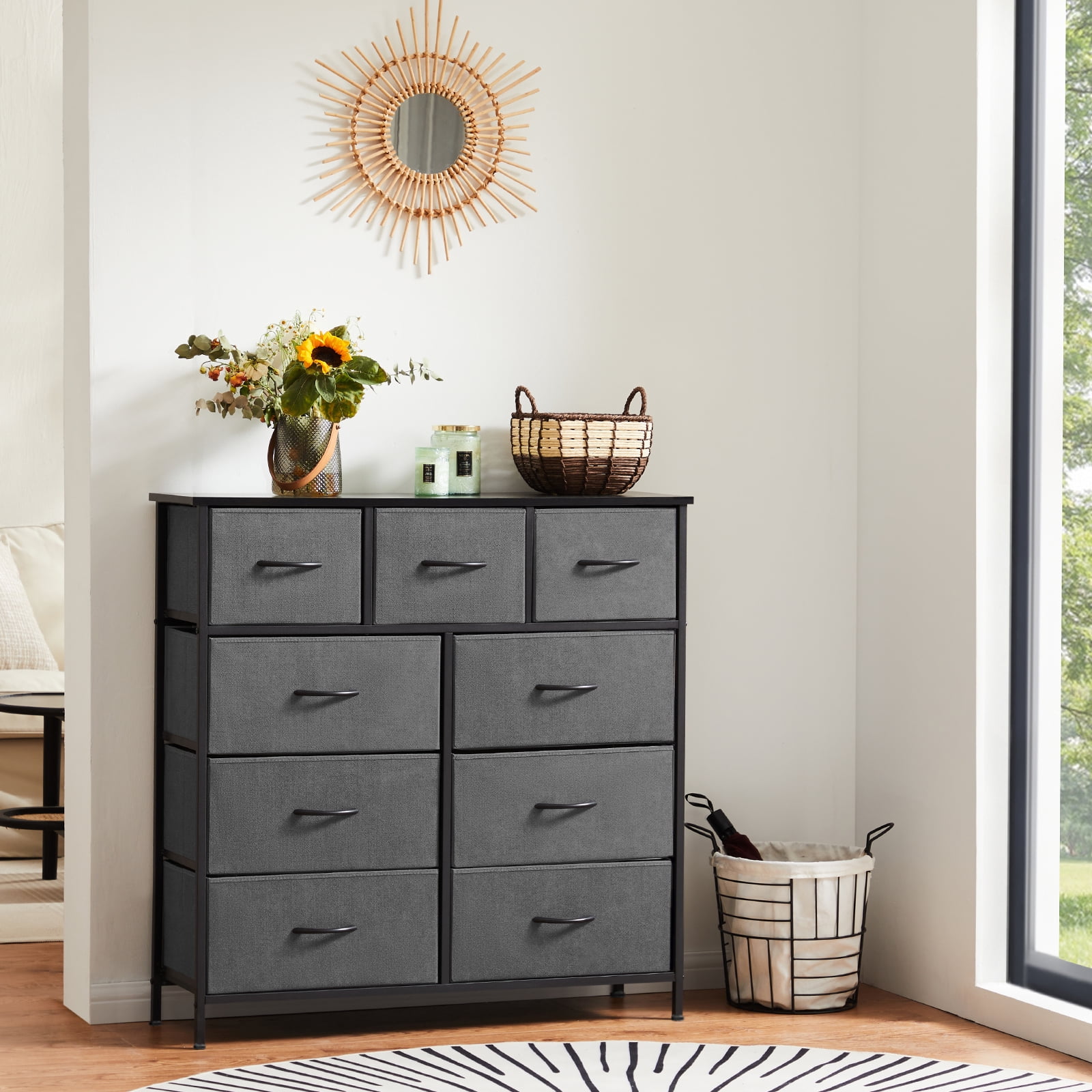 Aidoly 9-Drawer Dresser with Wooden Top, Adjustable Feet, Sturdy Metal Frame Dressers for Bedroom, Living Room, Grey