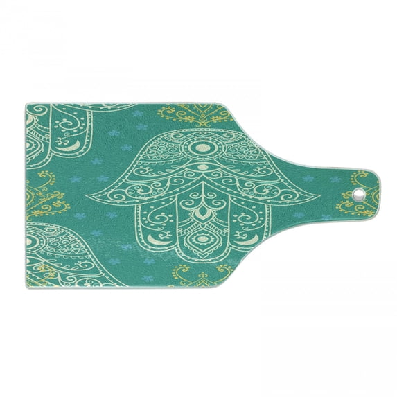 Evil Eye Cutting Board, Eastern Oriental Hamsa Hand Pattern with Little Daisies Illustration, Tempered Glass Cutting and Serving Board, Wine Bottle Shape, Yellow White and Teal, by Ambesonne