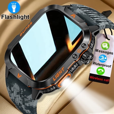 FANRUINA 2. 01" Smart Watch with LED Flashlight, 100+ Sports Modes, Step Counter, and Information Display, Compatible with iPhone and Android, Men's Gift