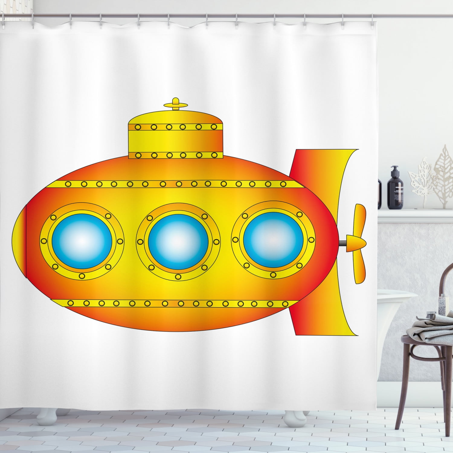 Yellow Submarine Decor Shower Curtain, Sea Theme a Submarine on White