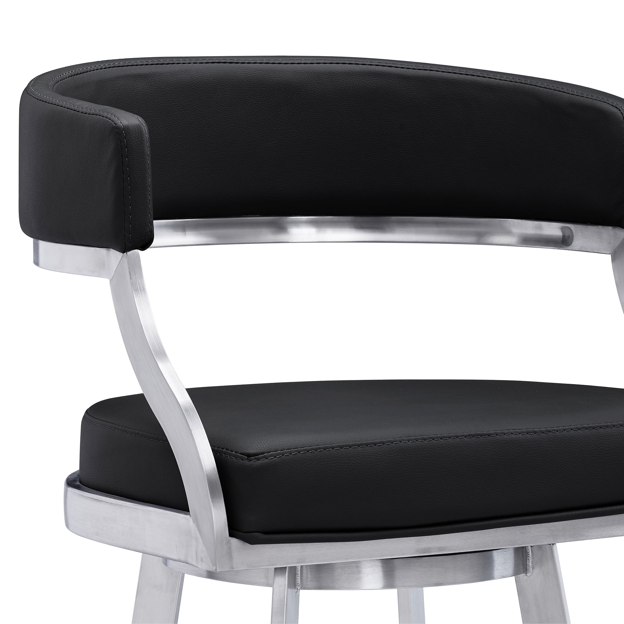 Saturn Modern 26" Seat Height Black Faux Leather and Brushed Stainless Steel Metal Swivel Bar Stool for Kitchen Island Counter