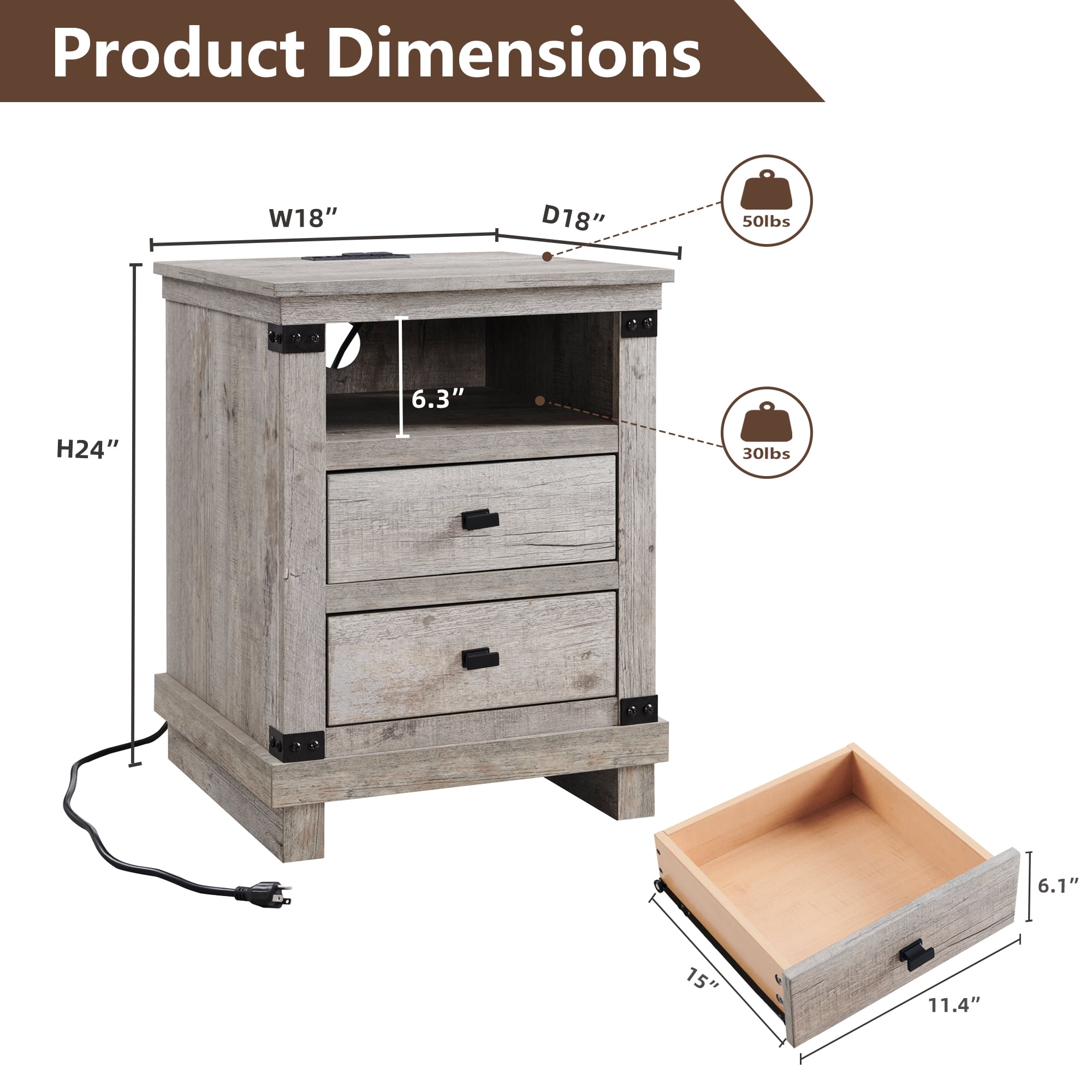 KeyWhat Farmhouse 18" Nightstand with Charging Station, Rustic Metal Wood End Table with Open Storage Shelf, Light Rustic Oak