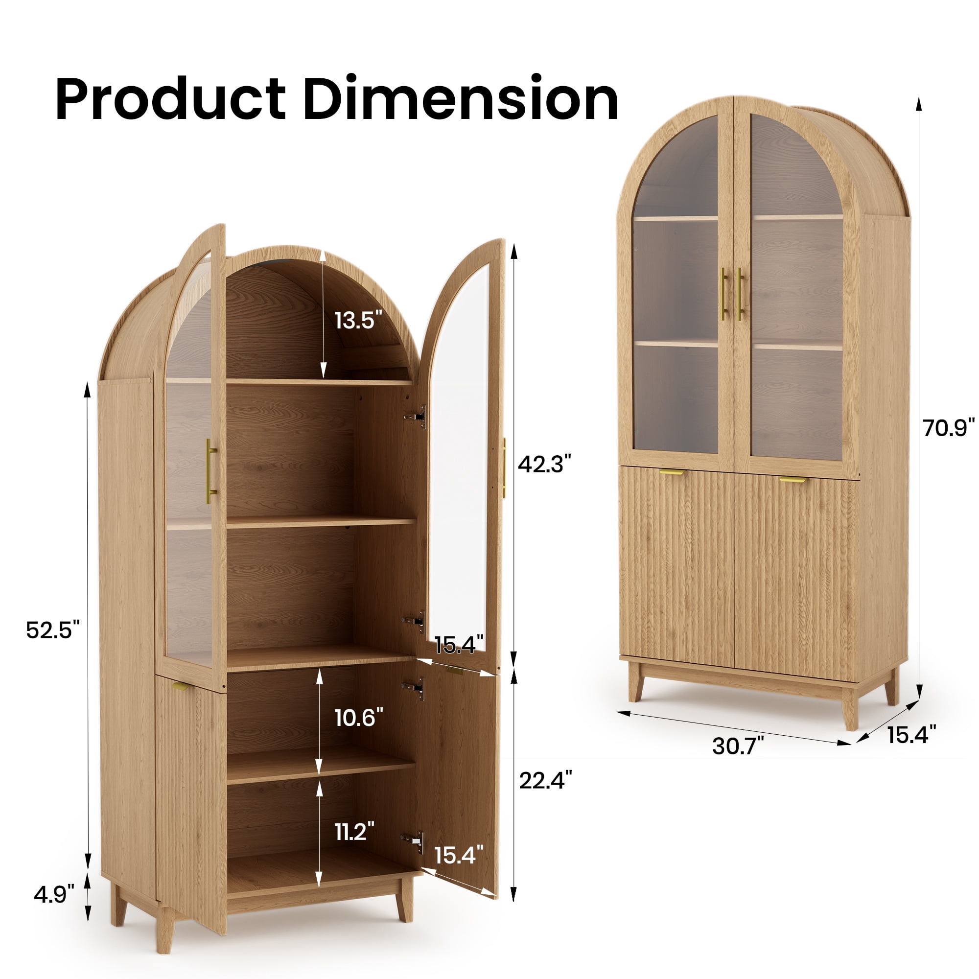 PamapicLife 71" Tall Arched Bookshelf, Farmhouse Display Cabinet with Adjustable Shelves & Glass Door