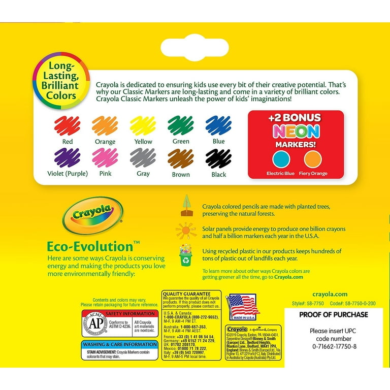 Crayola Markers 10 Assorted Colors + 2 Bonus Neon Yellow & Glowing Green: 5  Pack