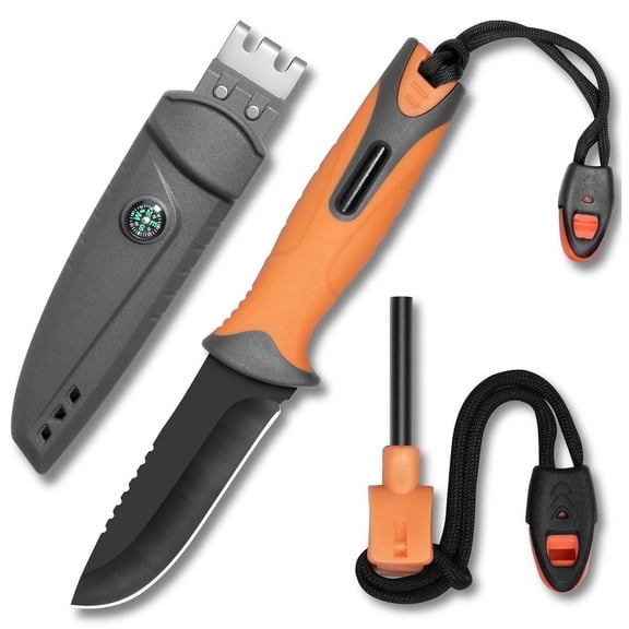 Plys Multifunction Fixed Blade Outdoor Survival Knife with Fire Stick and Whistle, Camping Essentials Gear