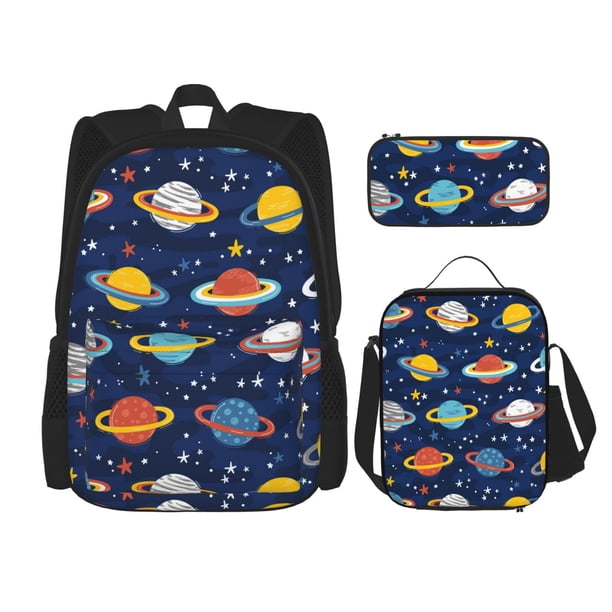 Disketp Planets and Stars Mochila Estampada de Gran Capacidad con Lonchera y Estuche, Set de 3 Piezas para Estudiantes