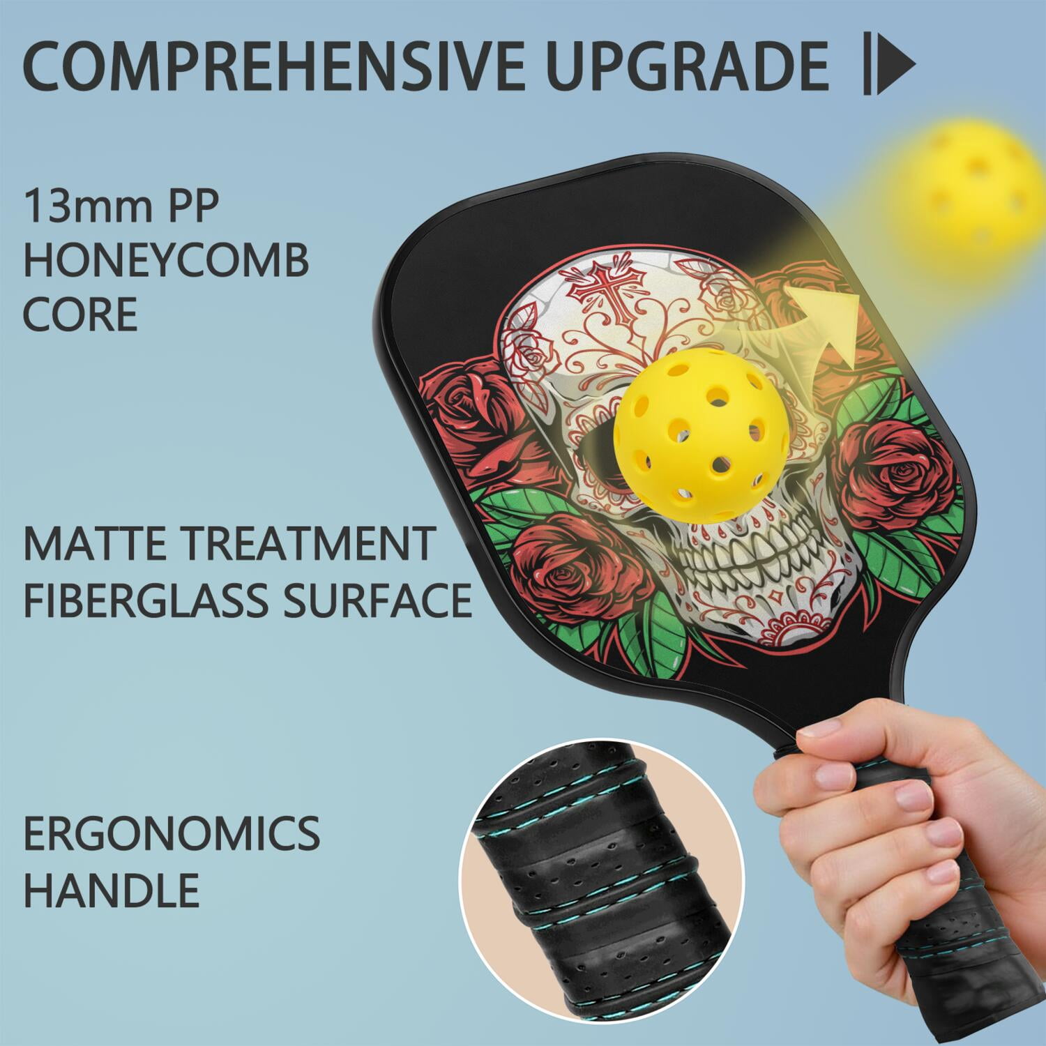 Pickleball Paddles Set Of 2, Fiberglass Surface, Skull & Cool Style, 4 Balls & Bag