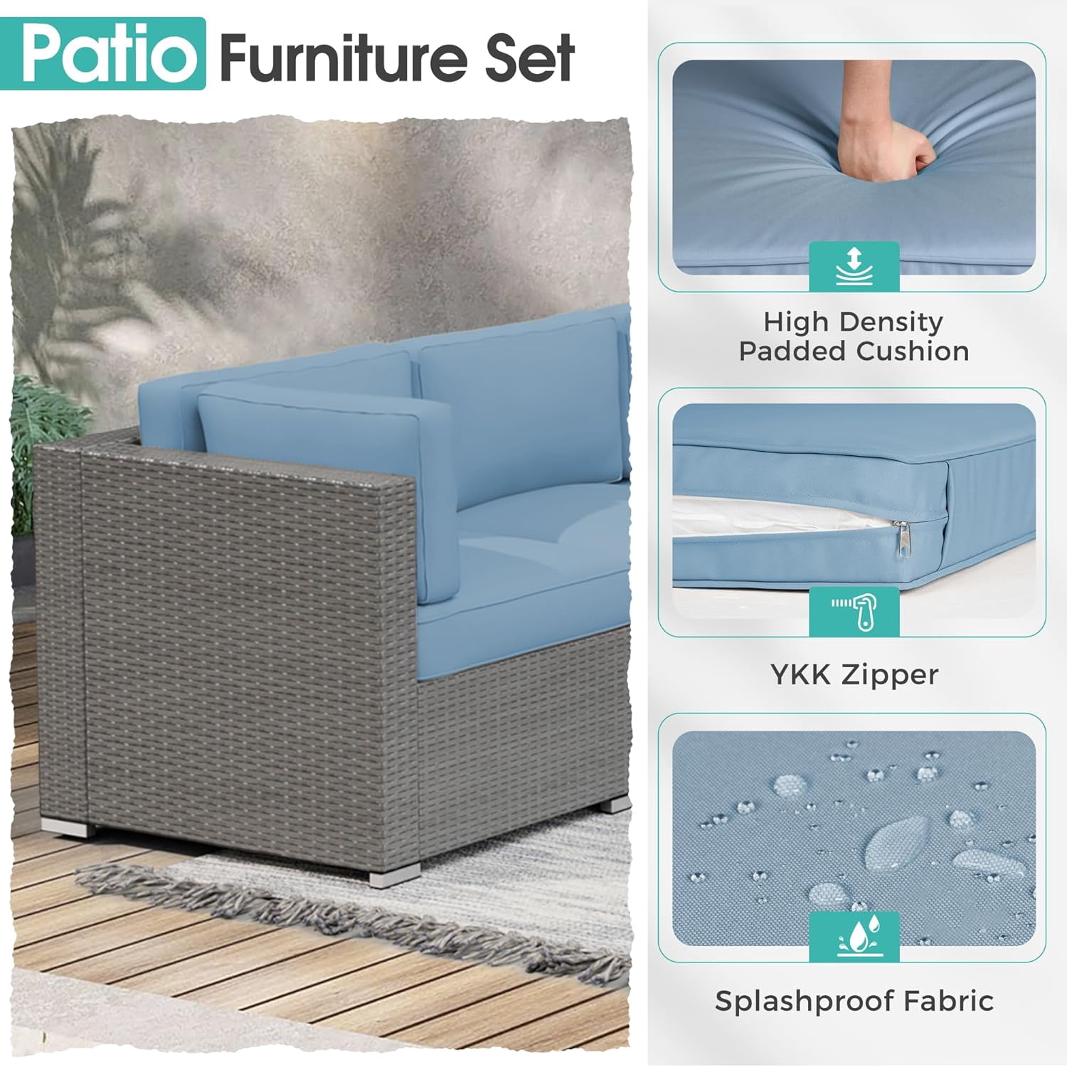 SOLAURA 7-Piece Patio furniture Outdoor  Sofa Set, Gray Wicker Rattan  Sectionals Light Blue Cushion Sofa Conversation Set with Glass Coffee Table