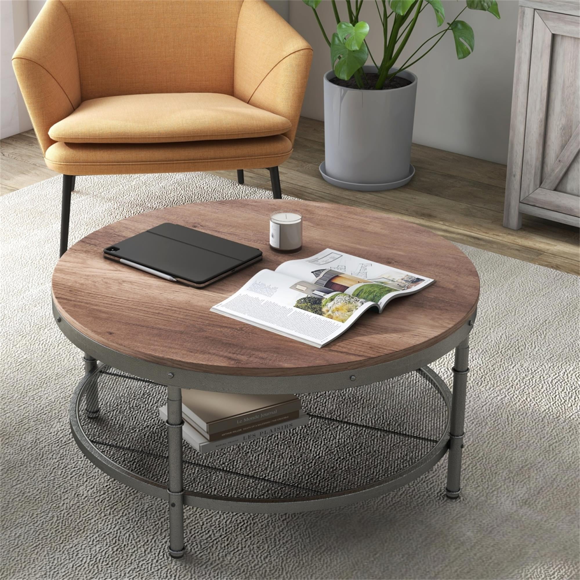 Canddidliike Round Coffee Table with Storage Shelf, 2-Tier Single Panel ...