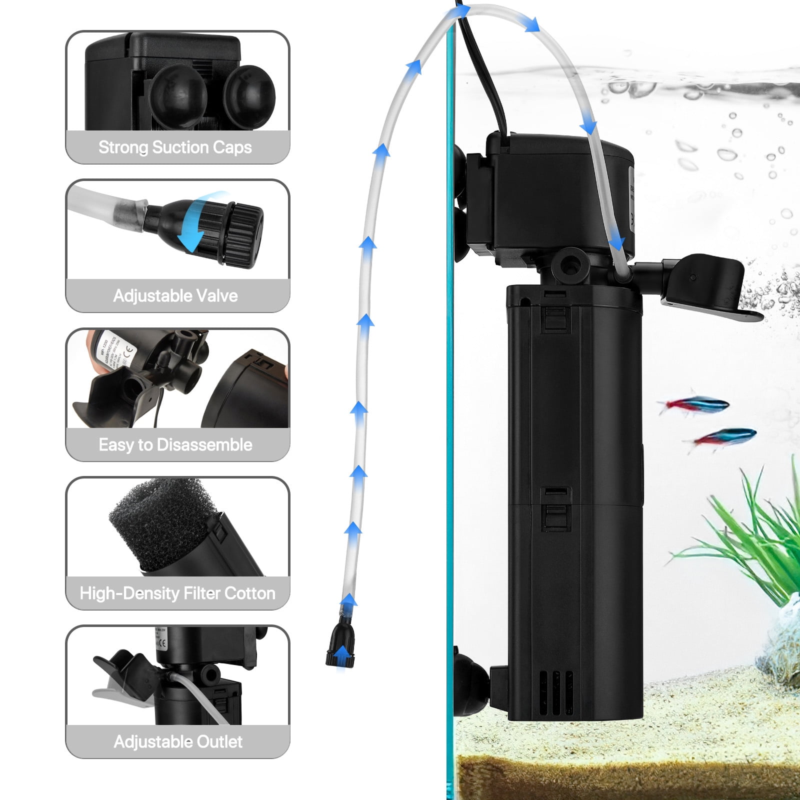 4-in-1 Internal Aquarium Filter for 10–75 Gallon Fish Tanks, Quiet Turtle Tank Filter with Filtration, Aeration, Circulation & Water Change