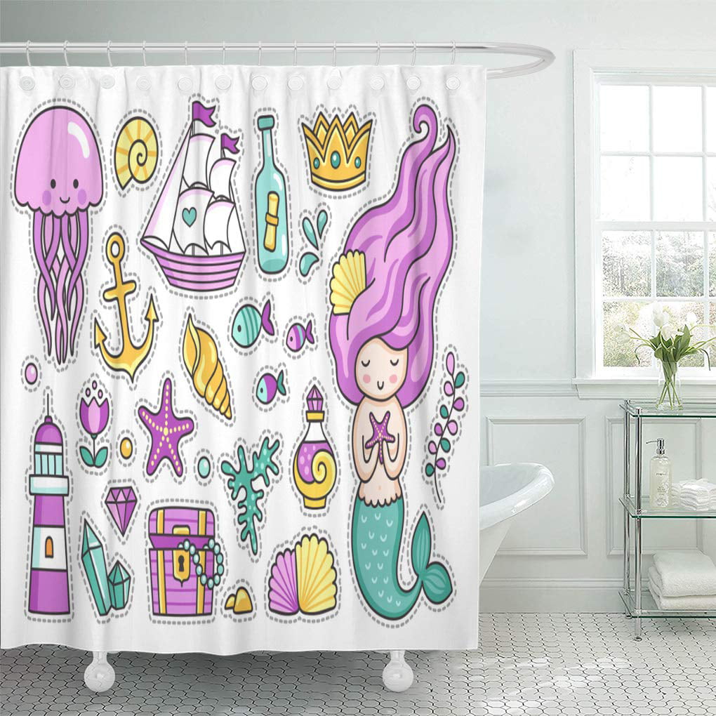 Shower Curtain Mermaid Sitting on Shell Fishes Abstract Art Bathroom Decor12hook 