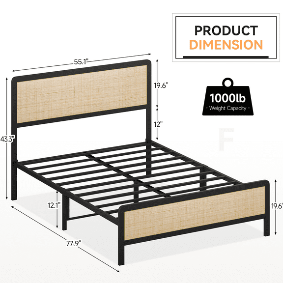 Accreate Full Metal Frame Bed with Rattan Headboard & Footboard - Platform Bed with Under-Bed Storage, No Box Spring Needed