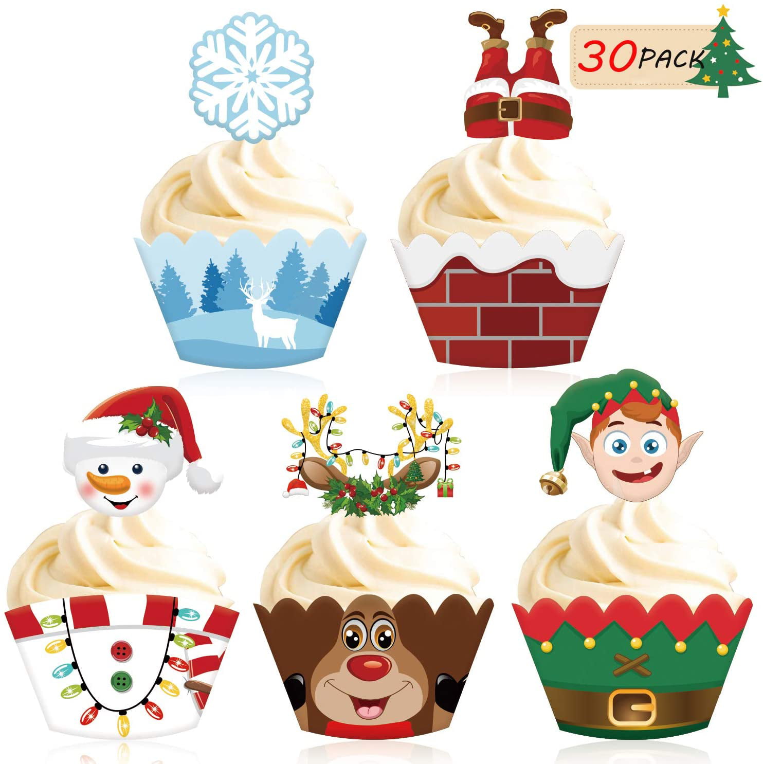 20 x Paper Christmas Snowflake Deer Cupcake Pick Cake Topper Decoration 
