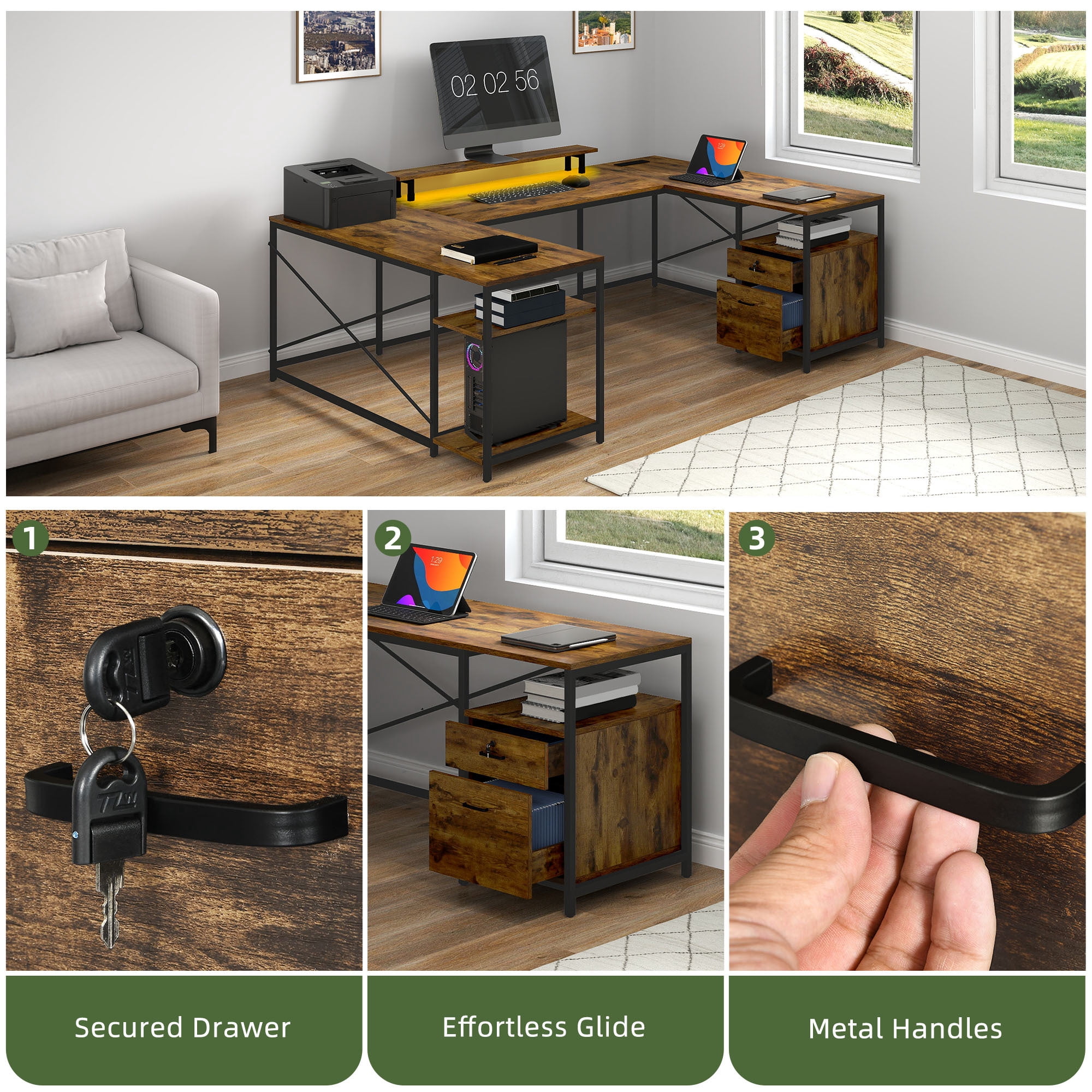 Uforic U Shaped Computer Desk with Power Outlets and LED Lights, Reversible L Shape Desk for Home Office, Brown
